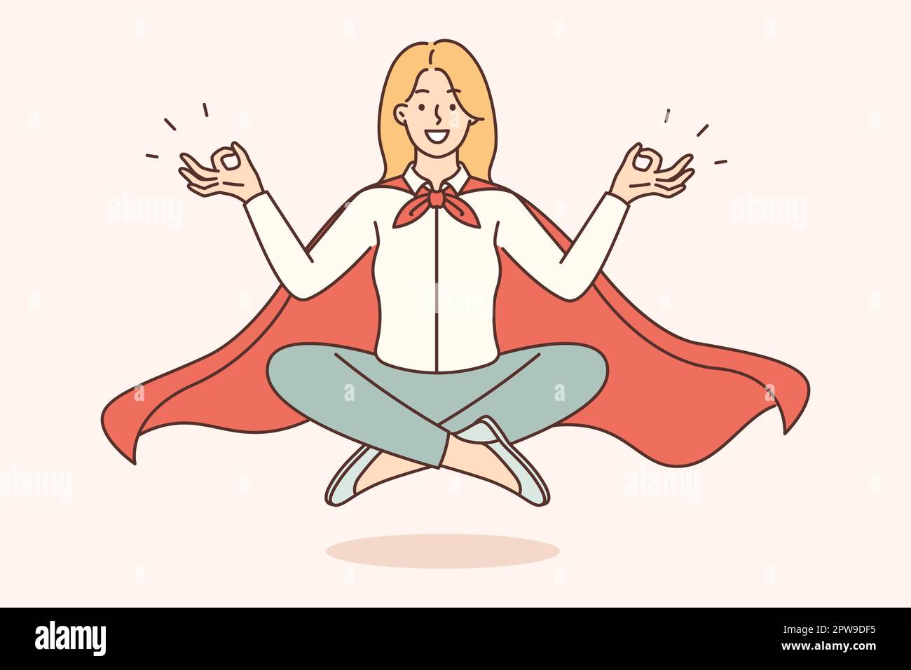 Woman office worker in superhero cape meditating and does yoga for harmony and balance Stock Vector