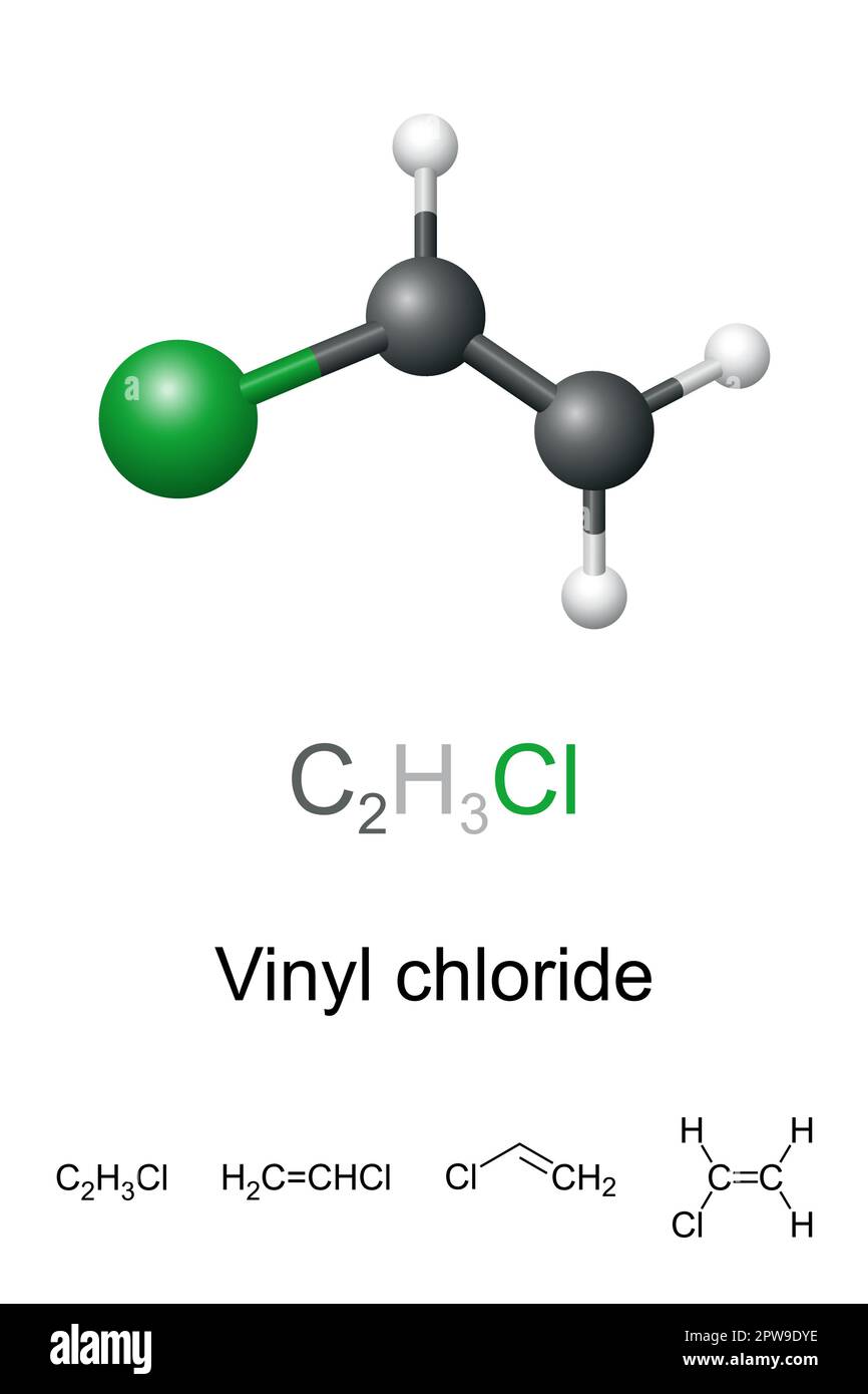 Vinyl chloride, VCM, chloroethene, molecule model and chemical formula ...