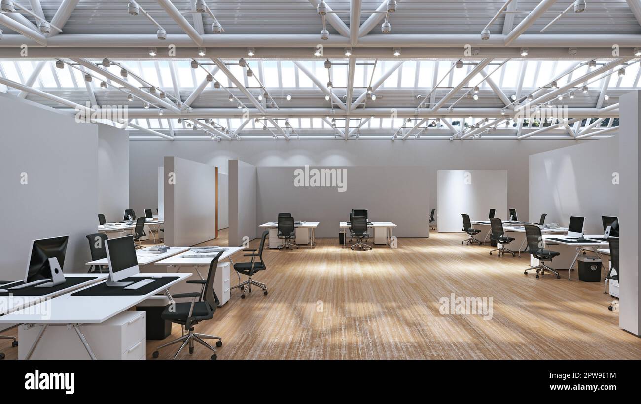 3D interior of bright office interior space. Render of concept design ...