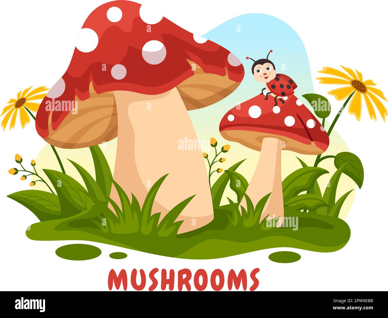 Mushrooms Illustration with Different Mushroom, Grass and Insects for Web Banner or Landing Page in Flat Cartoon Hand Drawn Templates Stock Vector
