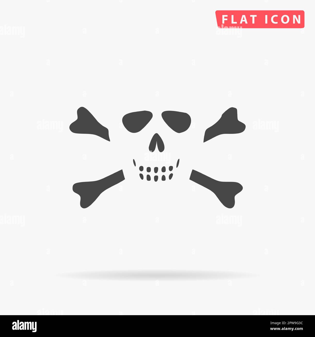 Cartoon skull with bones. Simple flat black symbol with shadow on white background. Vector illustration pictogram Stock Vector