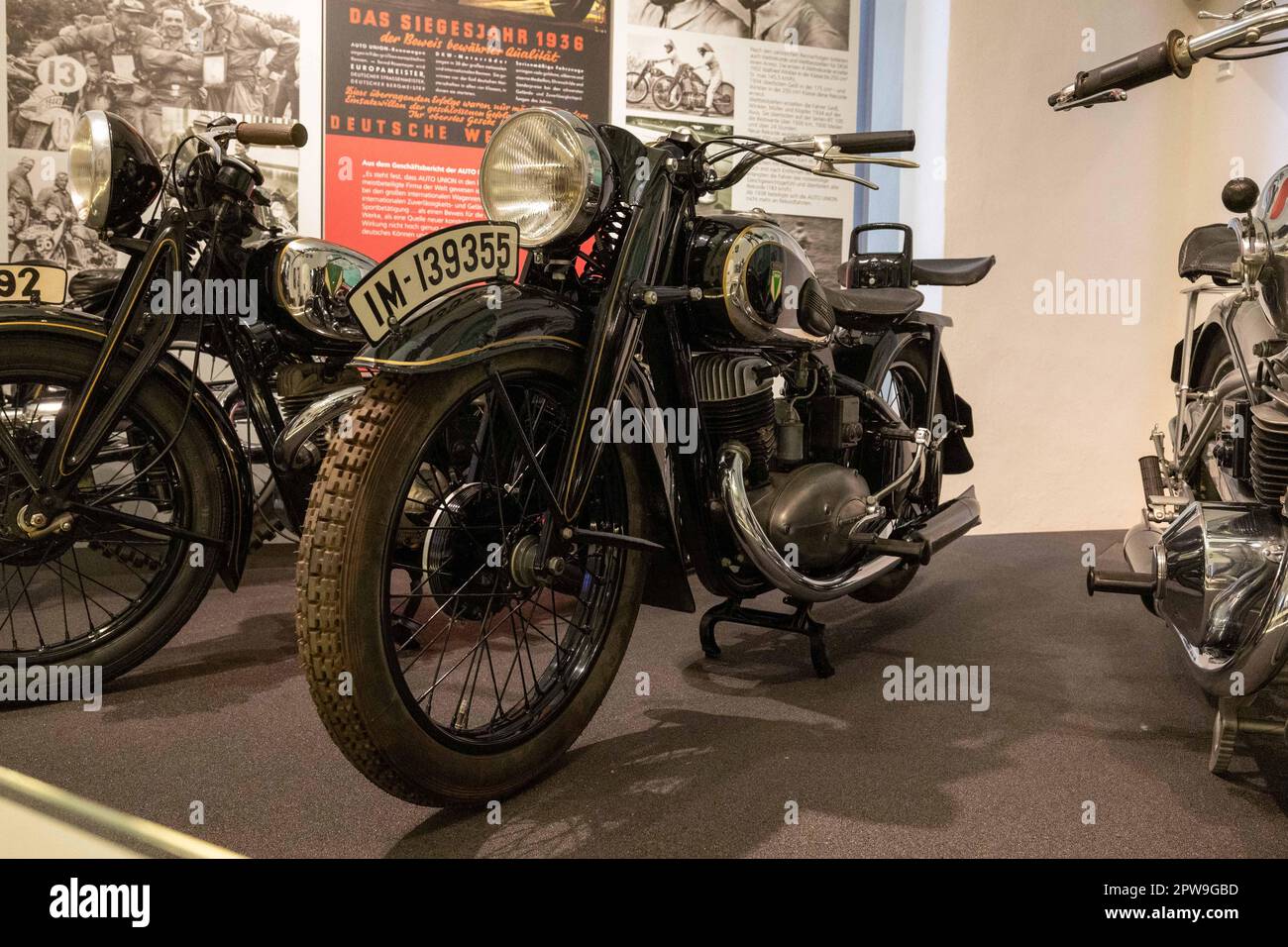 Augustusburg, Germany. 29th Apr, 2023. The model AUTO UNION DKW RT 125 from 1940 in the motorcycle museum of Augustusburg Castle. There is also a special exhibition 'The most copied motorcycle in the world - DKW RT 125'. Credit: Daniel Schäfer/dpa/ZB/dpa/Alamy Live News Stock Photo