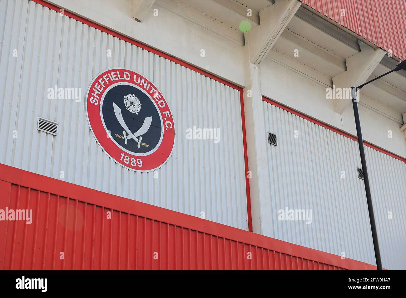 Sheffield, UK. 29th Apr, 2023. Club crest on exterior wall of the ground ahead of the Sky Bet Championship match Sheffield United vs Preston North End at Bramall Lane, Sheffield, United Kingdom, 29th April 2023 (Photo by Conor Molloy/News Images) in Sheffield, United Kingdom on 4/29/2023. (Photo by Conor Molloy/News Images/Sipa USA) Credit: Sipa USA/Alamy Live News Stock Photo