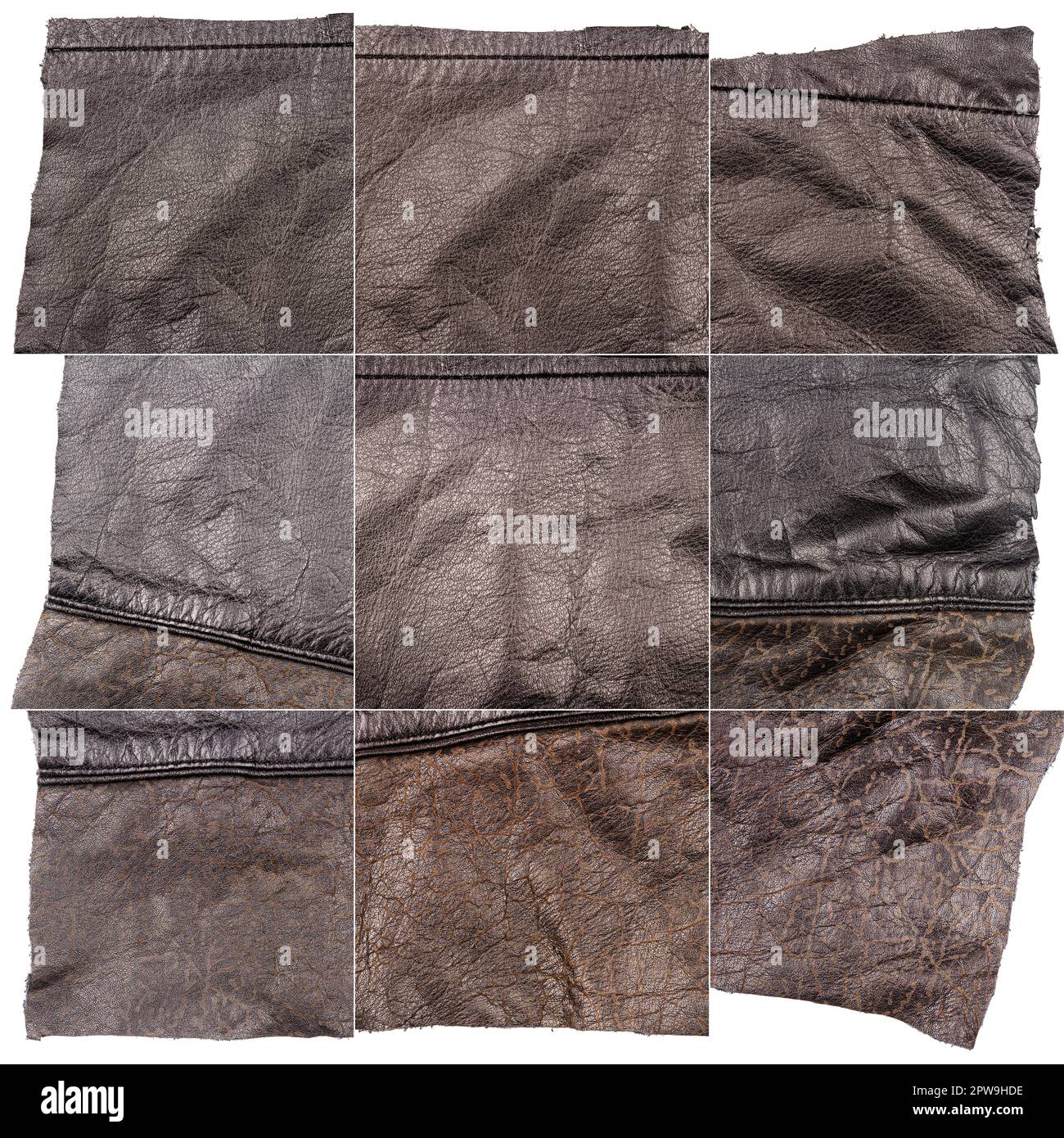 Collection of brown leather textures isolated on white background