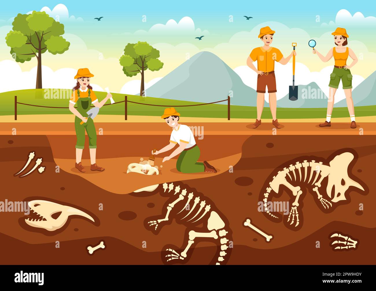 Fossil Illustration with Archaeologists Finds Dinosaurs Skeletons on