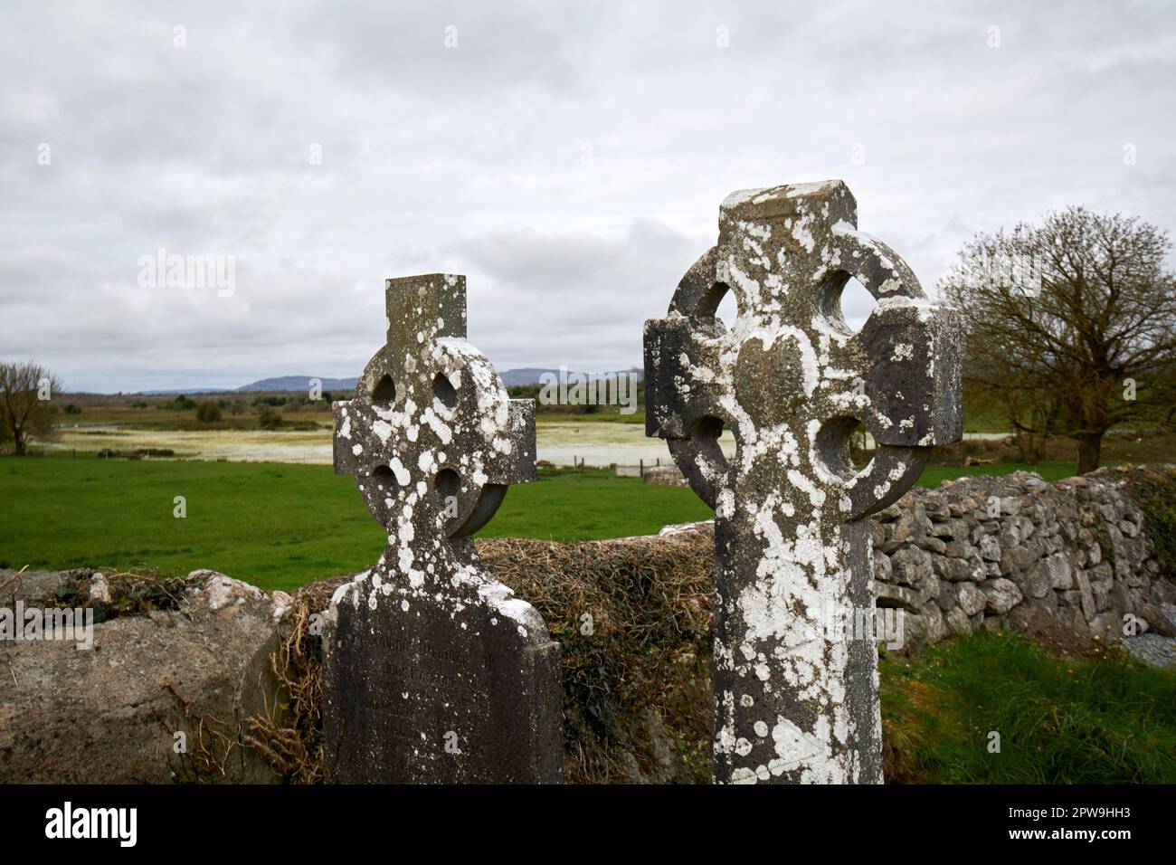 celtic crosses in the graveyard of Kilmacduagh monastery county galway republic of ireland Stock Photo