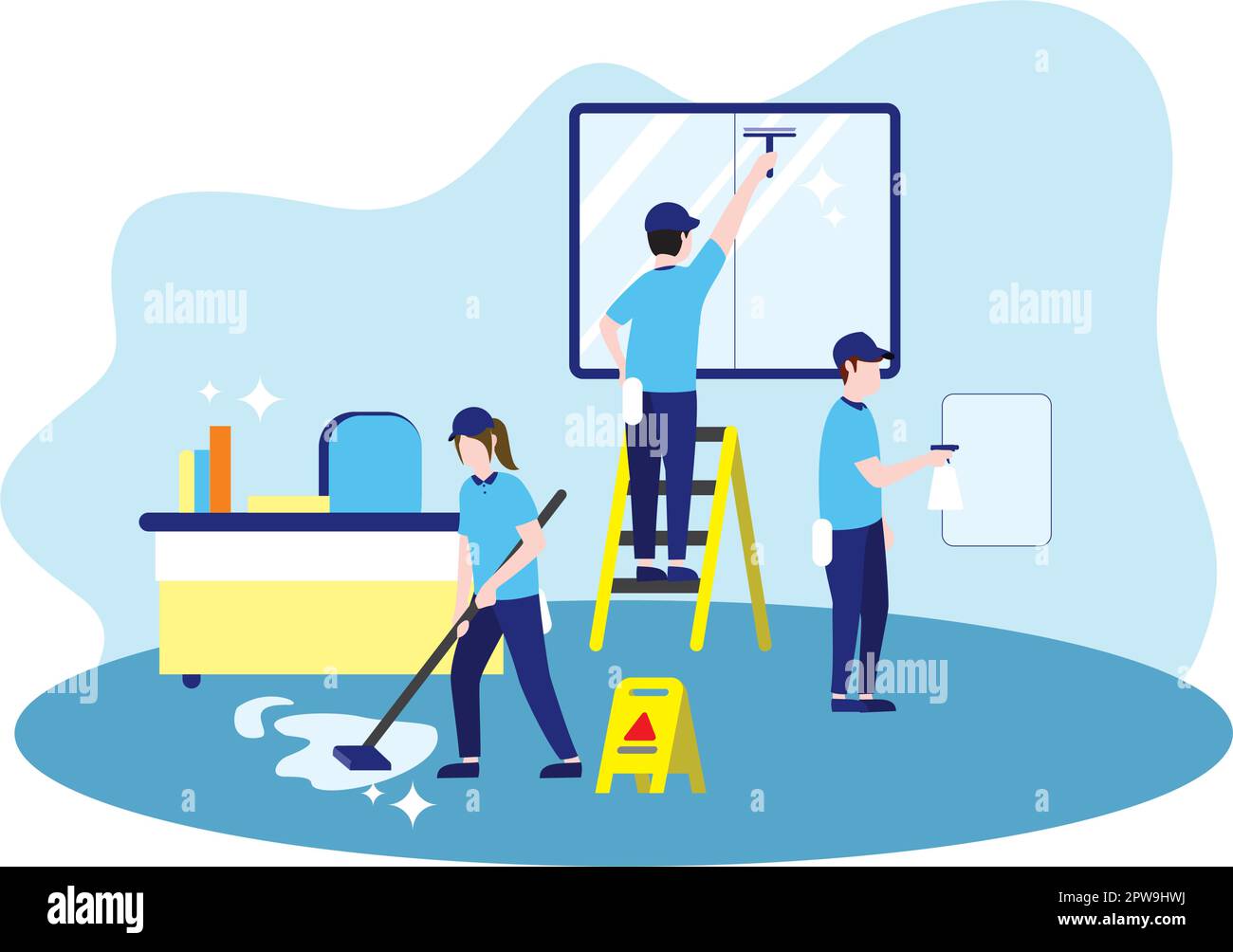 Office Cleaning Service Mopping Floor and Cleaning Window Illustration