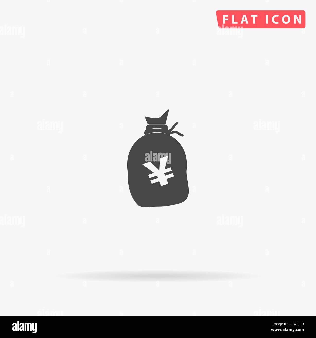 Money bag with Yen JPY. Simple flat black symbol with shadow on white background. Vector illustration pictogram Stock Vector