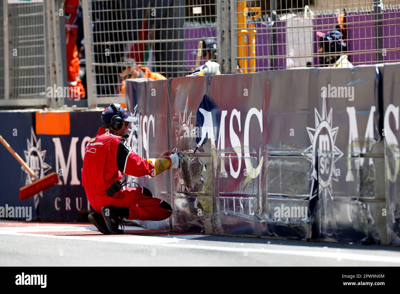 Baku, Azerbaijan. 29th Apr, 2023. Damaged barrier after crash of 2