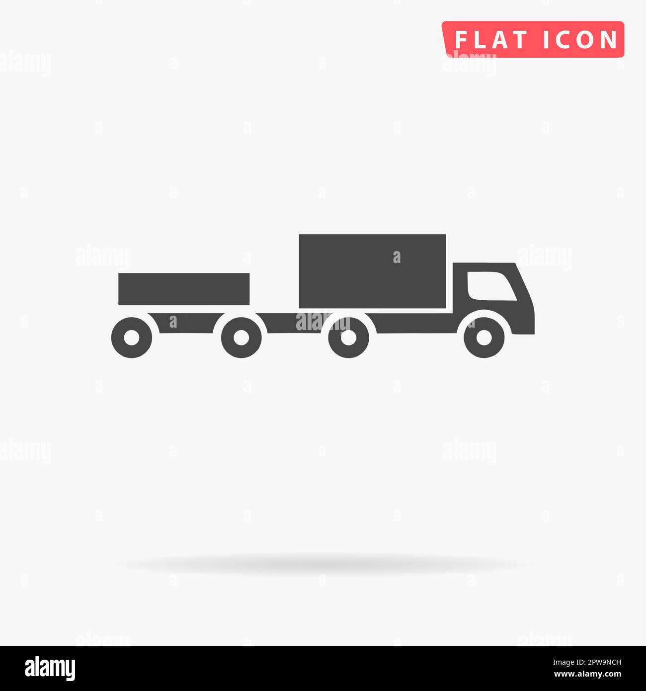 Truck with trailer. Simple flat black symbol with shadow on white
