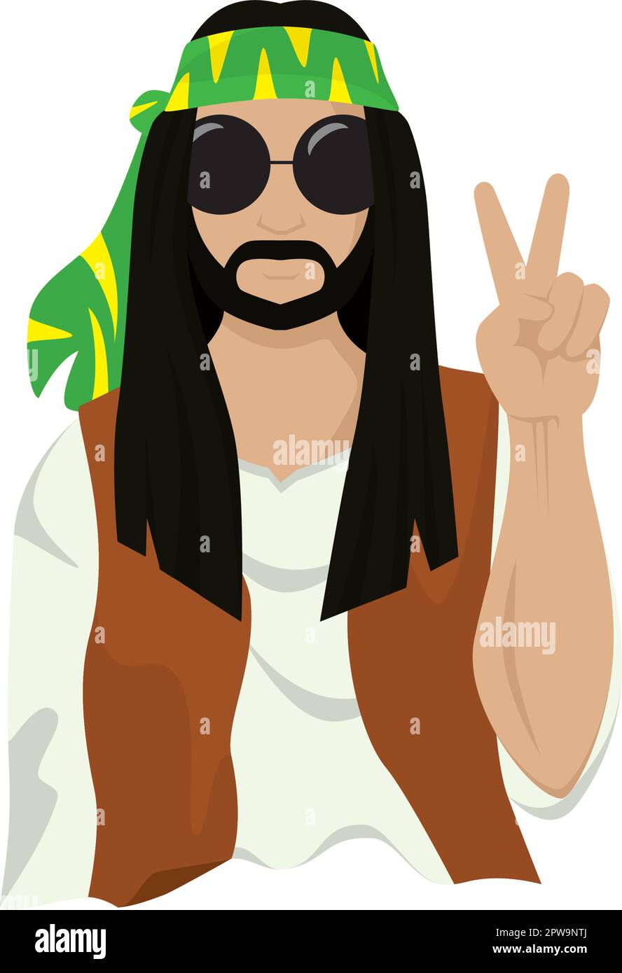 Hippie Man Fashion with Peace Hand Sign Symbol Illustration Stock Vector