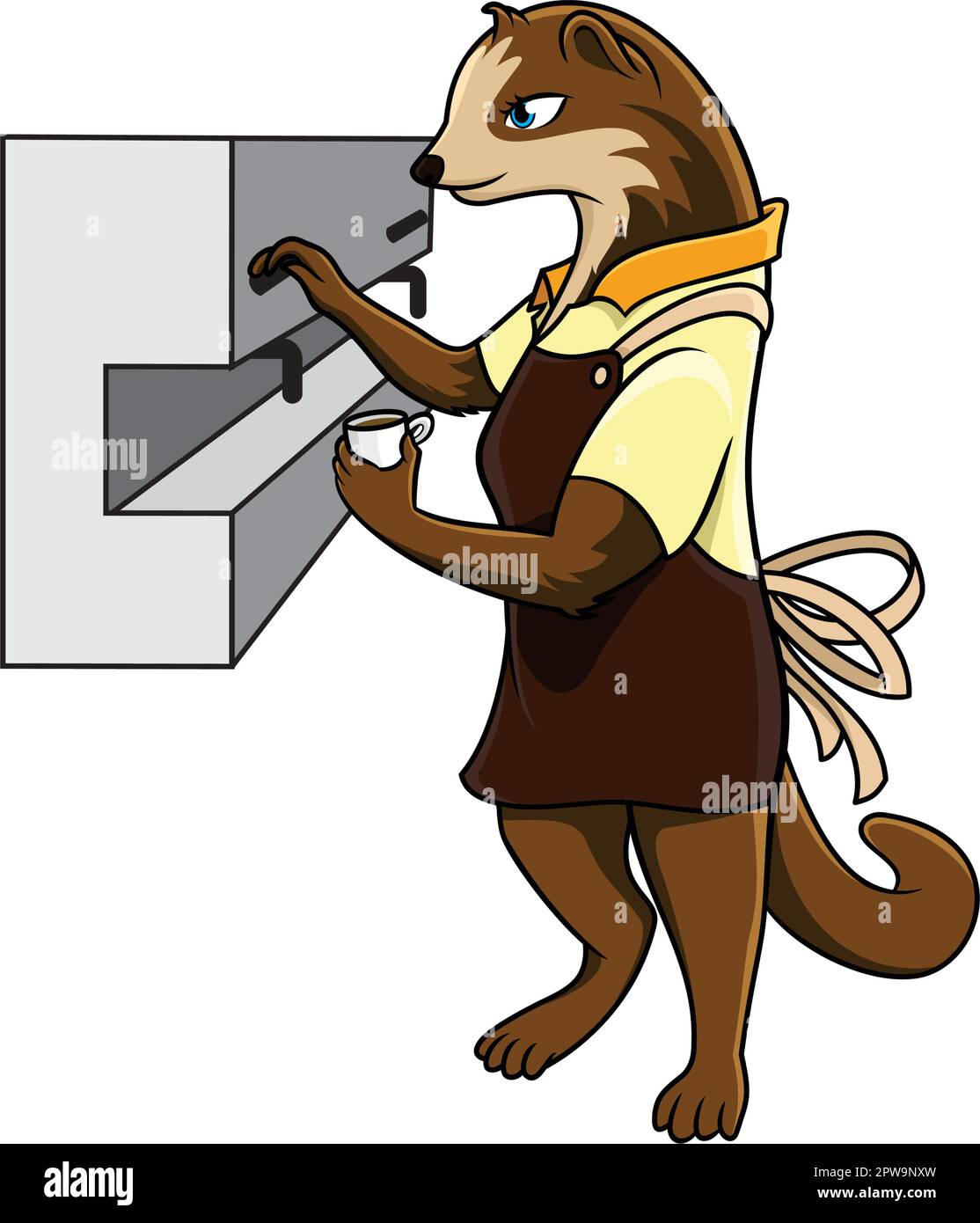 Detailed Civet Mascot Using the Espresso Machine to Pour a Cup of