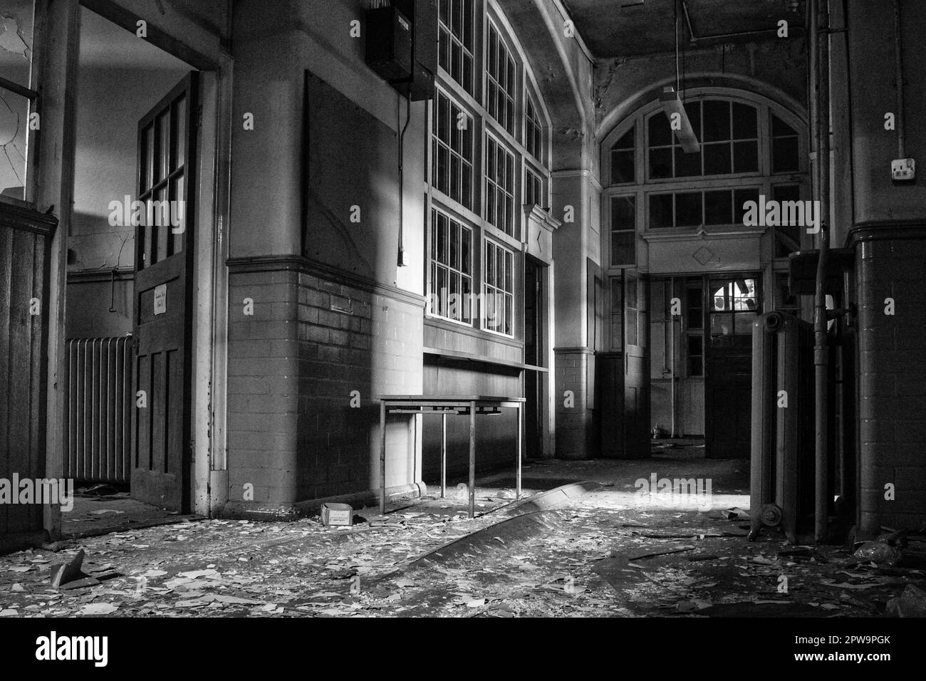 An abandoned corridor inside the derelict Easington Colliery School, now demolished Stock Photo