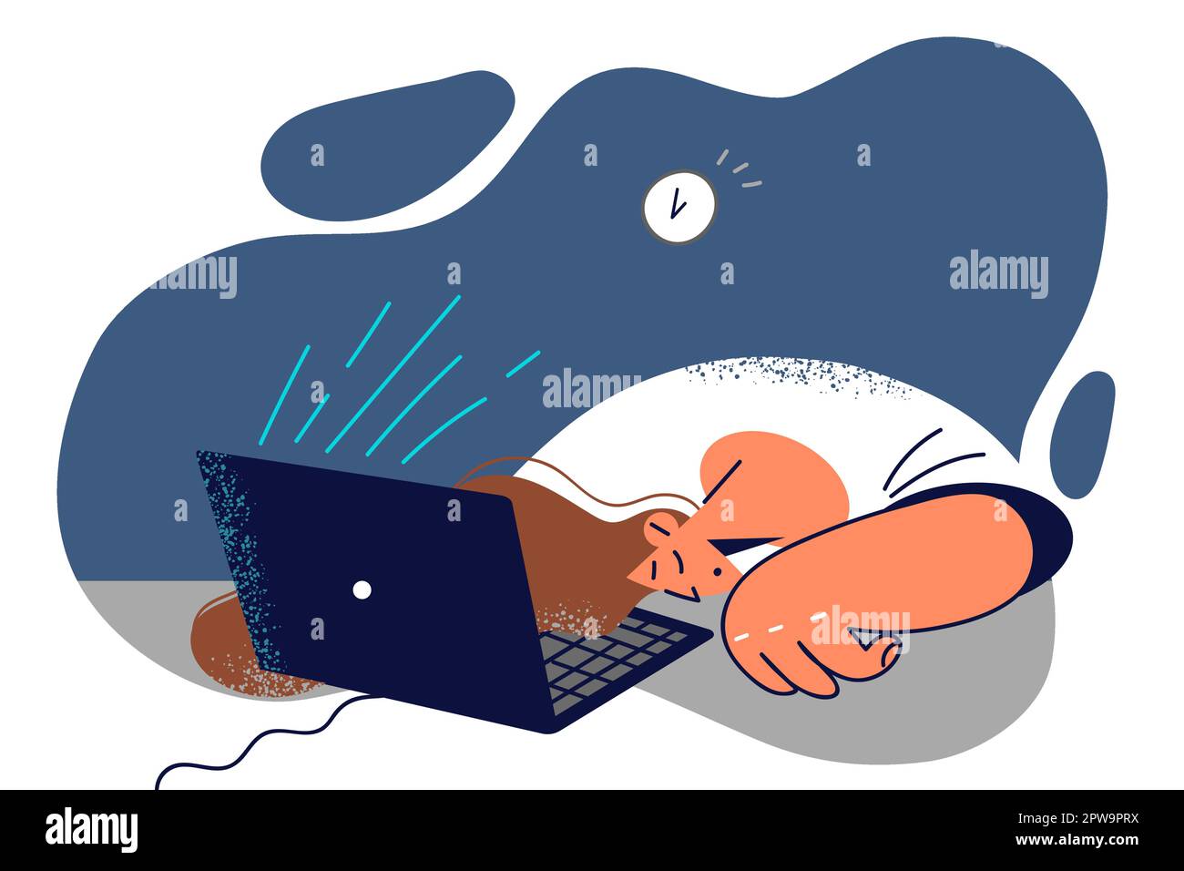 Tired woman sleeping with head resting on table near laptop after