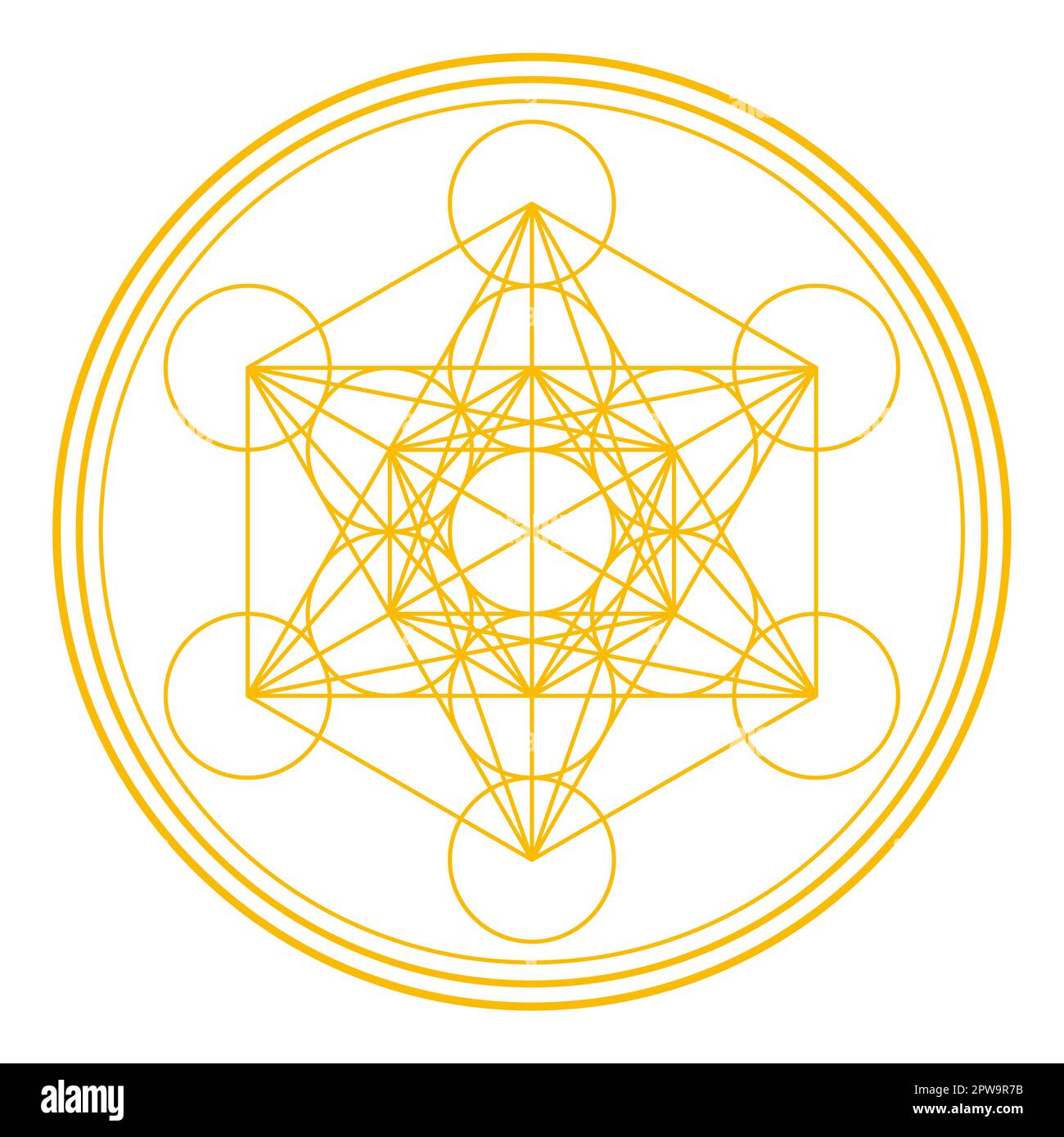 Golden Metatrons Cube, mystical symbol, derived from the Flower of Life Stock Vector