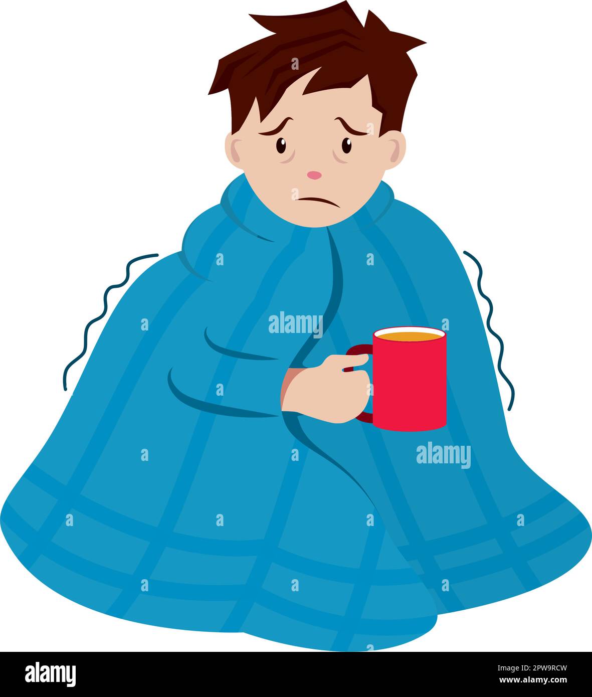 Sick Man Holding a Cup of Hot Water combined with Blanket Illustration