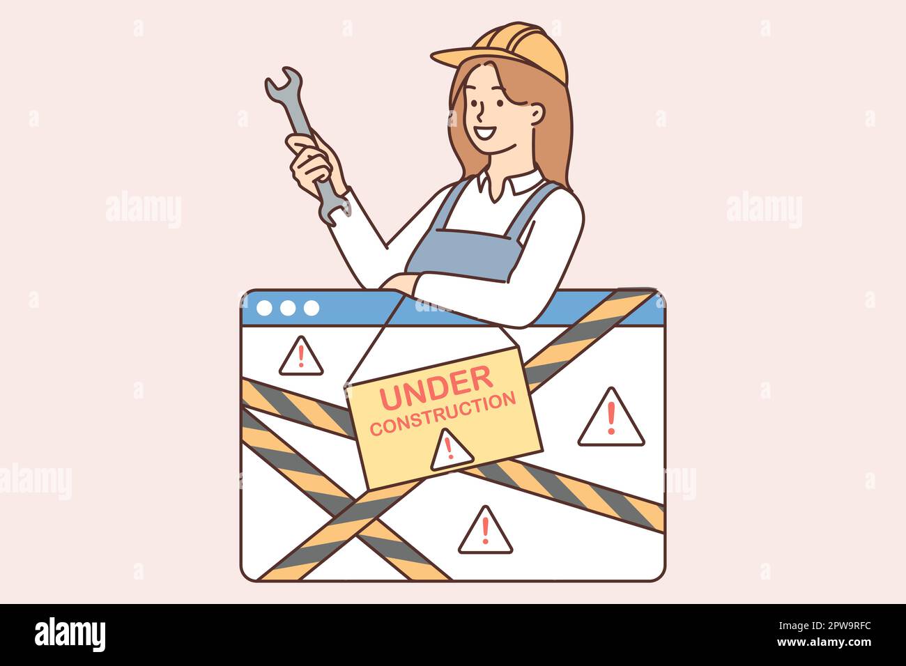 Repairman woman with wrench near under construction sign for 404 page of website or app Stock Vector