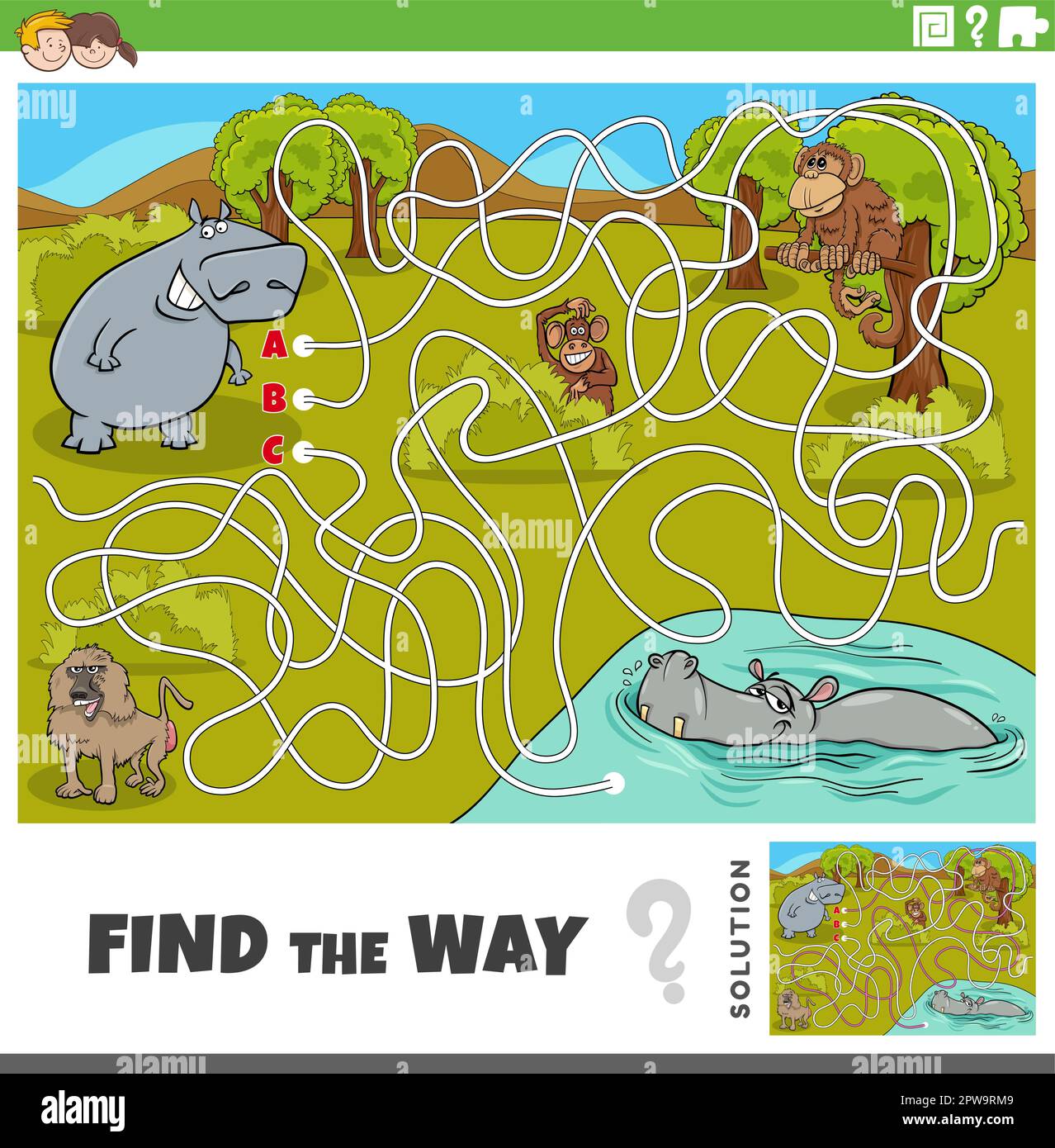 find the way game with cartoon wild animals Stock Vector Image & Art - Alamy