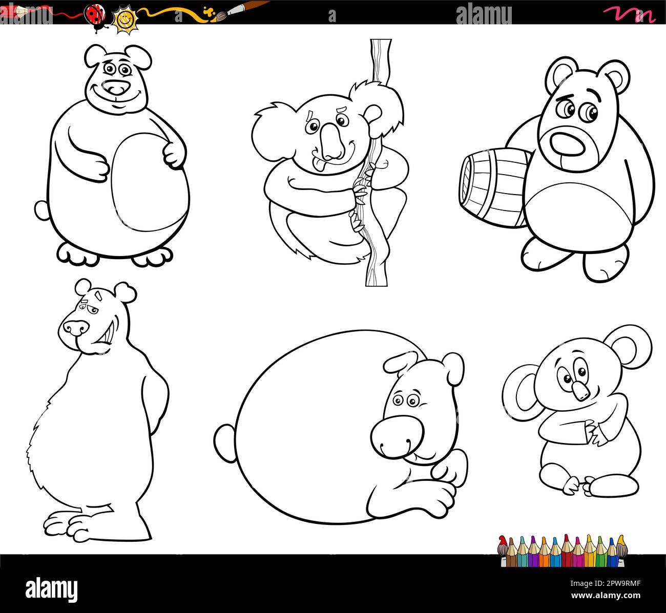 funny cartoon bears animal characters set coloring page Stock Vector