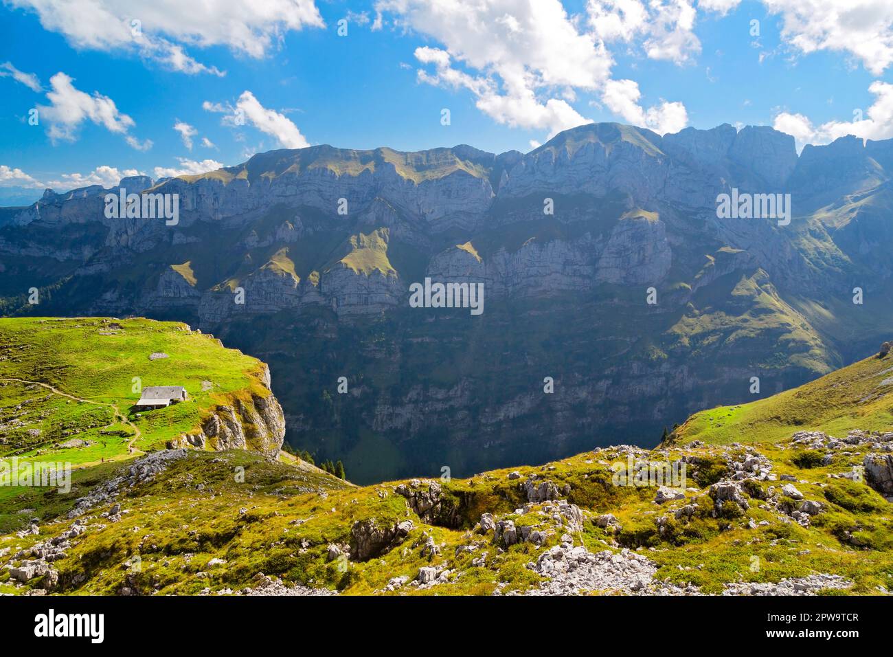 Beautiful view in Alpstein, Canton Appenzell Innerrhoden, View of the Alp Chlus, In the Background Hoher Kasten, swiss Alps, Switzerland Stock Photo