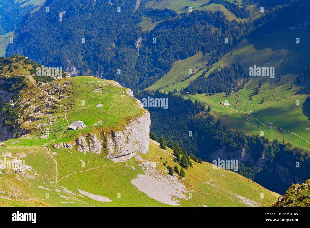 Beautiful view in Alpstein, Canton Appenzell Innerrhoden, View of the Alp Chlus, In the Background Hoher Kasten, swiss Alps, Switzerland Stock Photo