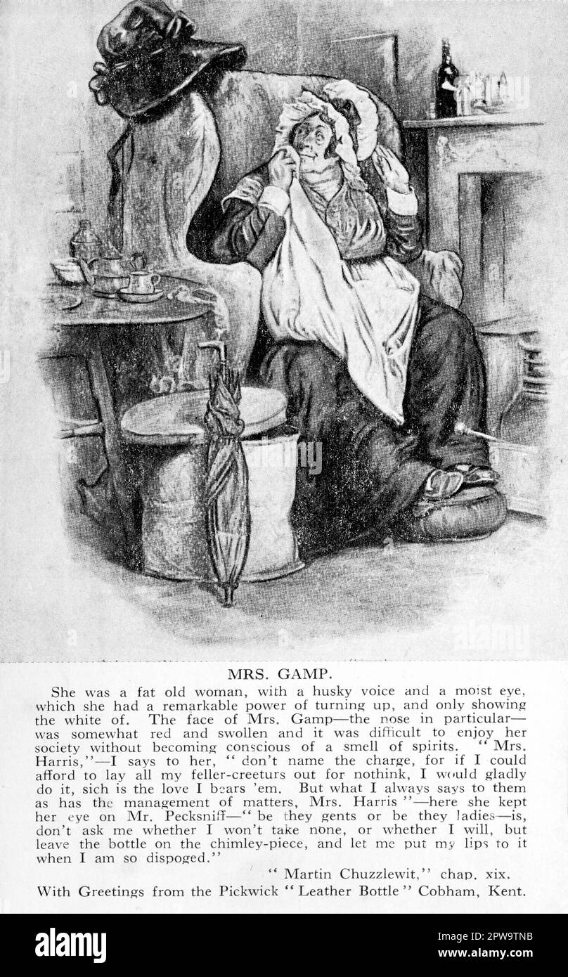 A Vintage postcard depicting ‘Mrs Gamp’, a character from Charles Dickens’ book, “Martin Chuzzlewit”. The card also bears a corresponding passage from the book and was published as a promotional item for 'The Leather Bottle' public house in Cobham, Kent. Built in 1629, this pub was featured in Dickens’ book, “The Pickwick Papers”. Stock Photo