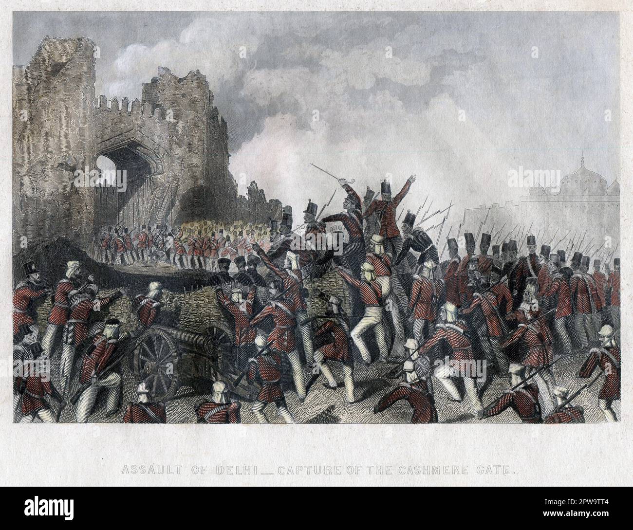 India. 1857. A hand-tinted antique engraving entitled, “Assault of Delhi - Capture of the Cashmere Gate”. Depicts the British Army’s attack on the Cashmere Gate during the Indian Rebellion. Stock Photo