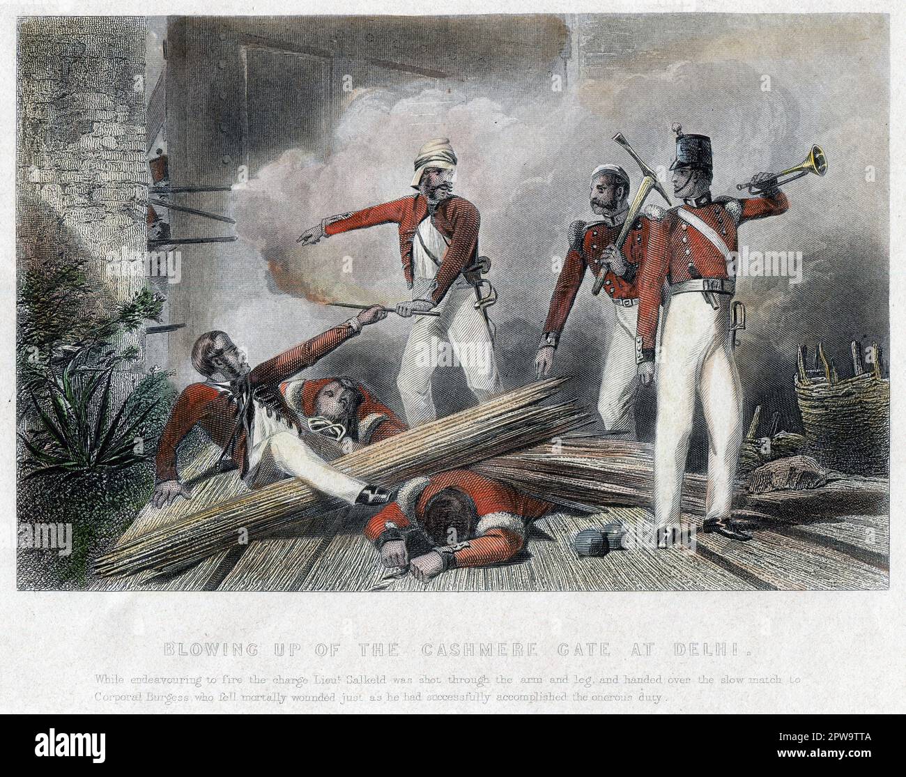 India. 1857. A hand-tinted antique engraving entitled, “Blowing up of the Cashmere Gate at Delhi”.  “While endeavouring to fire the charge Lieut Salkeld was shot through the arm and leg and handed over the slow match to Corporal Burgess who fell mortally wounded just as he had successfully accomplished the onerous duty”. Depicting an action during the Indian Rebellion, for which Lieutenant Philip Salkeld, Sergeant John Smith and Bugler Robert Hawthorne were awarded the Victoria Cross. Stock Photo
