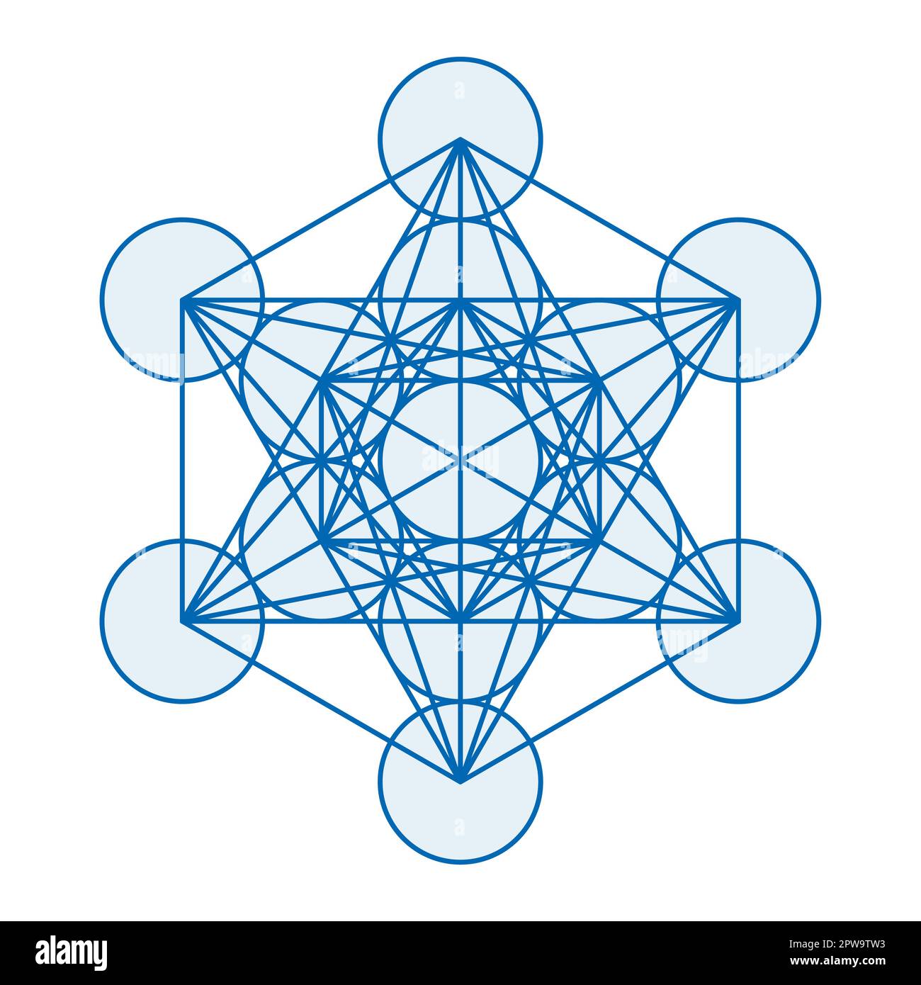 Blue Metatrons Cube, mystical symbol, derived from the Flower of Life Stock Vector