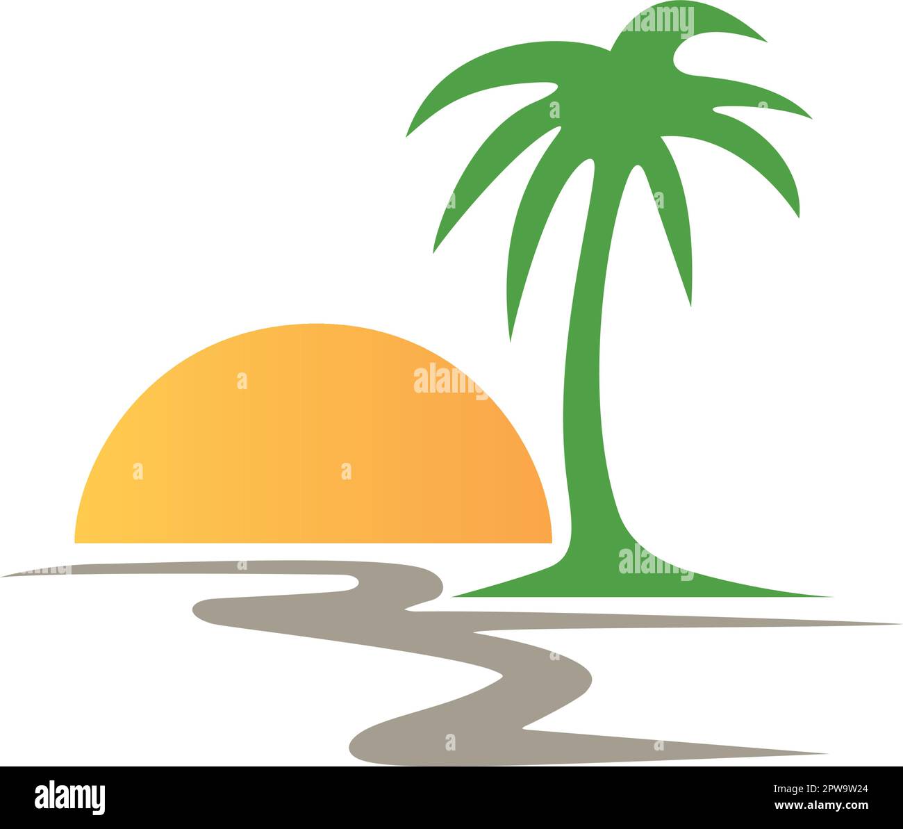 Beach combined with Sunset and Palm Tree Simple Illustration Stock ...