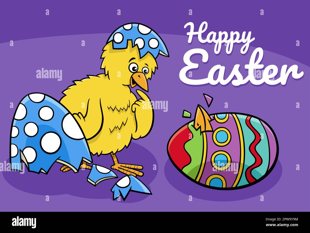 cartoon Easter chick hatched from coloered egg greeting card Stock Vector