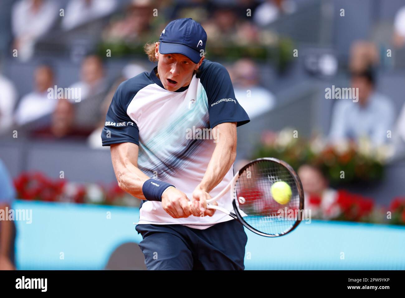 Emil Ruusuvuori of Finland in action against Carlos Alcaraz of Spain during the Mutua Madrid Open 2023, Masters 1000 tennis tournament on April 28, 2023 at Caja Magica in Madrid, Spain -