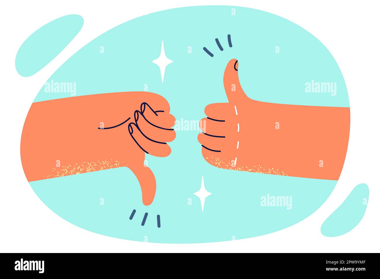Two hands showing thumbs up or down symbolizes argument on current topic or difficult choice Stock Vector