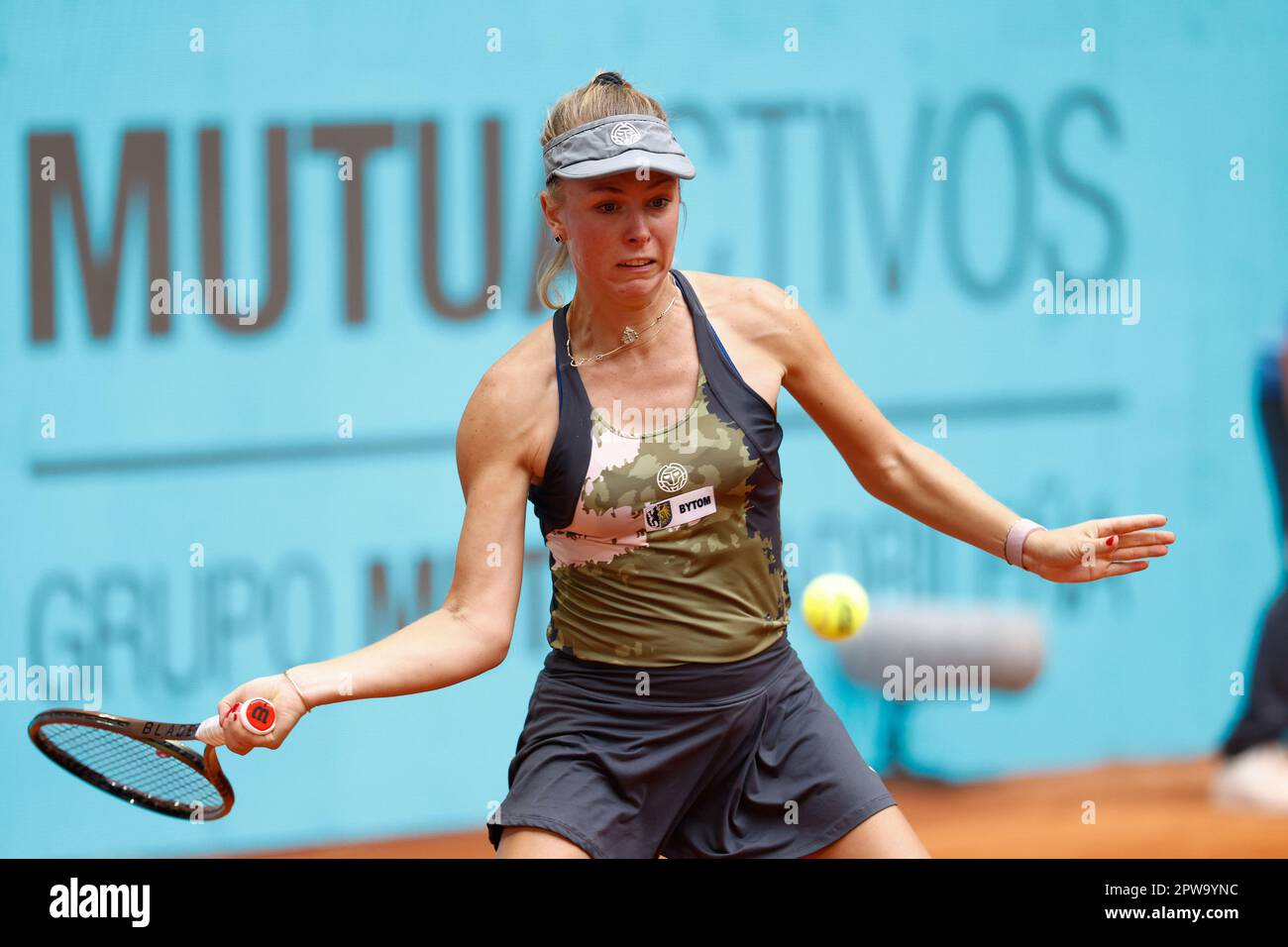 Magdalena Frech of Poland in action against Jessica Pegula of United States during the Mutua Madrid Open 2023, Masters 1000 tennis tournament on April 28, 2023 at Caja Magica in Madrid, Spain -