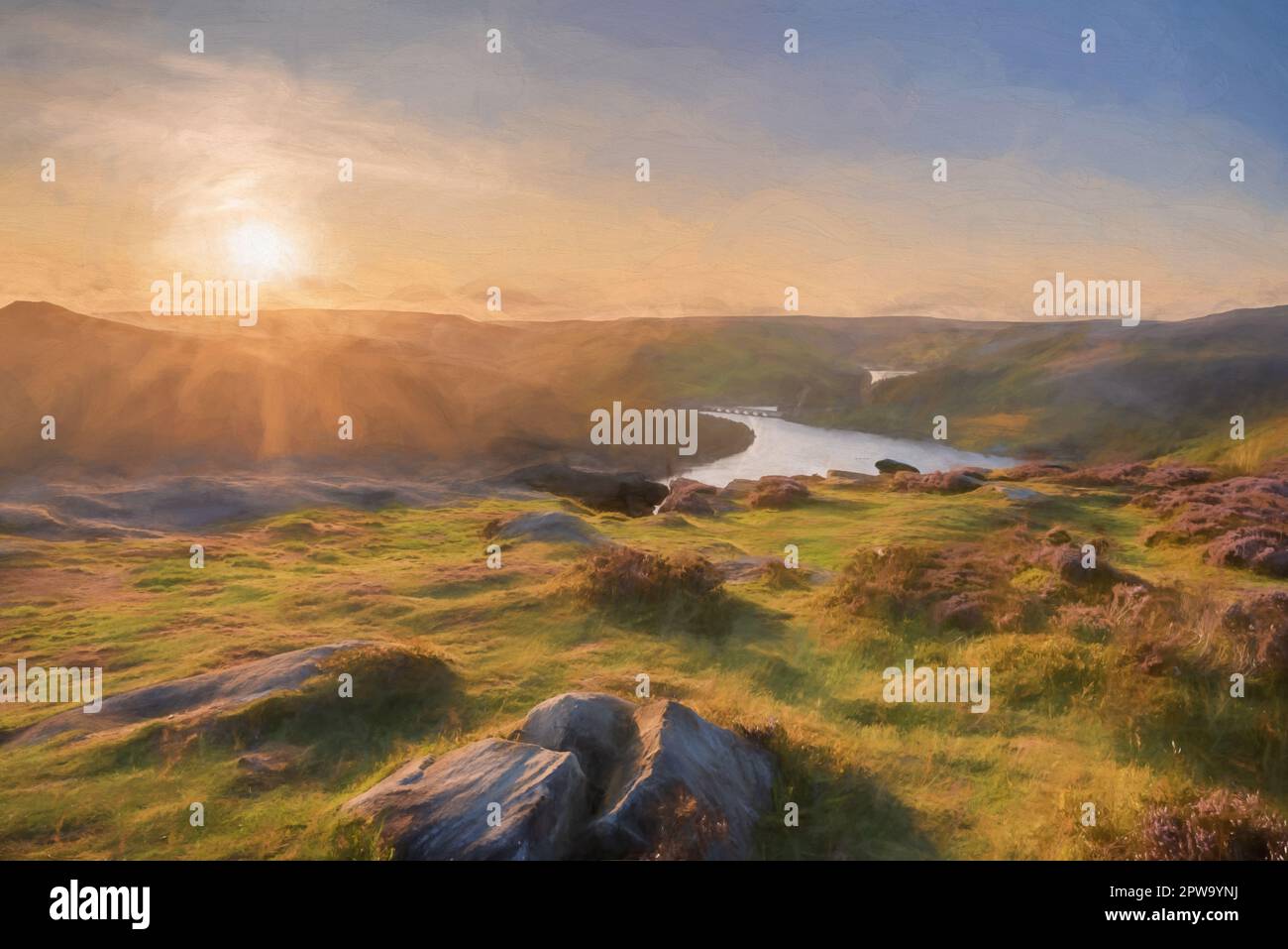 Digital painting of the Ashopton Viaduct, Ladybower Reservoir, and Crook Hill in the Derbyshire Peak District National Park, England, UK. Stock Photo