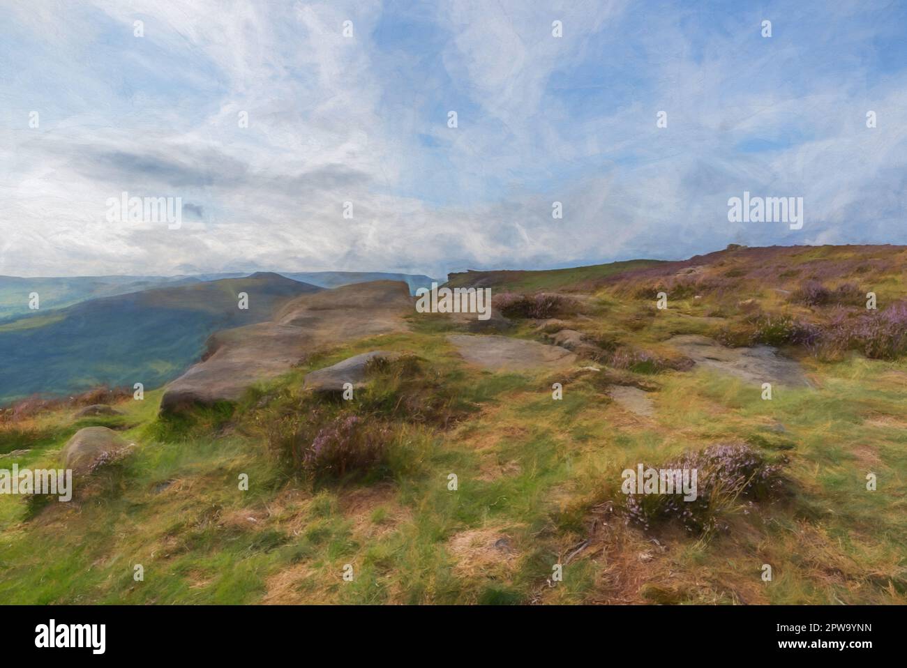 Digital painting of a Bamford Edge view looking across to Win Hill with blue skies, fluffy clouds, and purple heather in the Peak District National pa Stock Photo