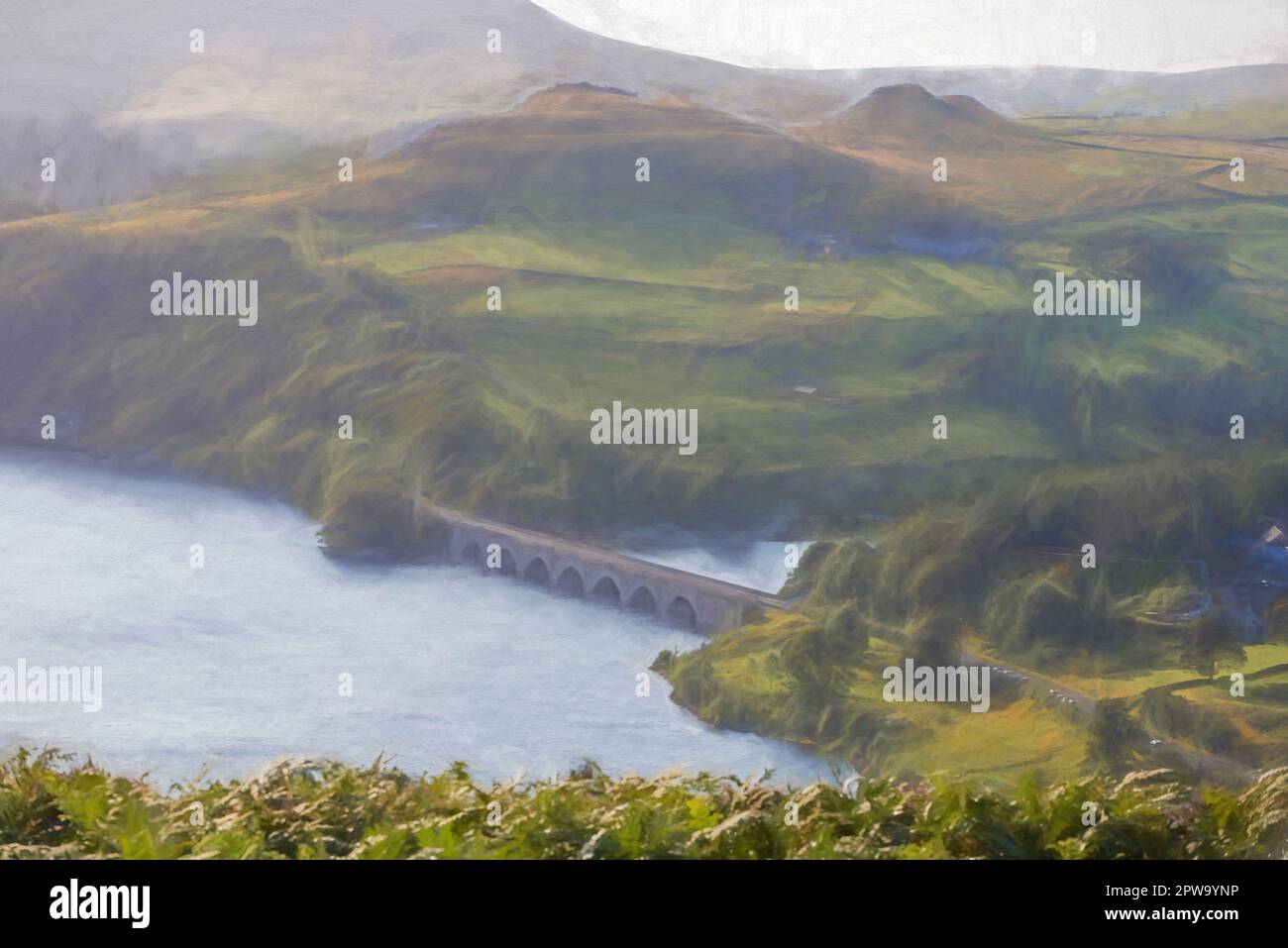 Digital painting of the Ashopton Viaduct, Ladybower Reservoir, and Crook Hill in the Derbyshire Peak District National Park, England, UK. Stock Photo