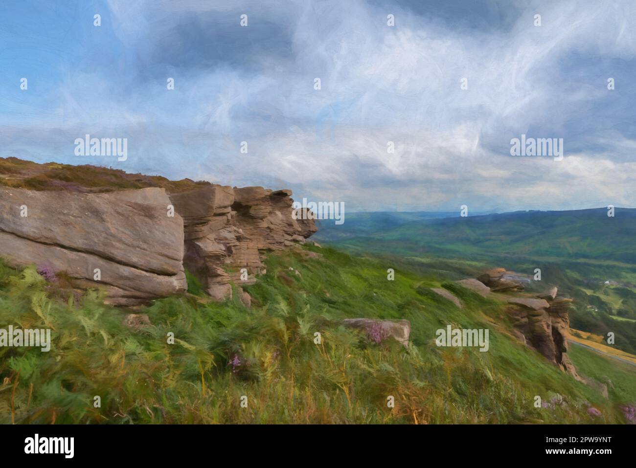 Digital painting of a Bamford Edge view looking across to Win Hill with blue skies, fluffy clouds, and purple heather in the Peak District National pa Stock Photo