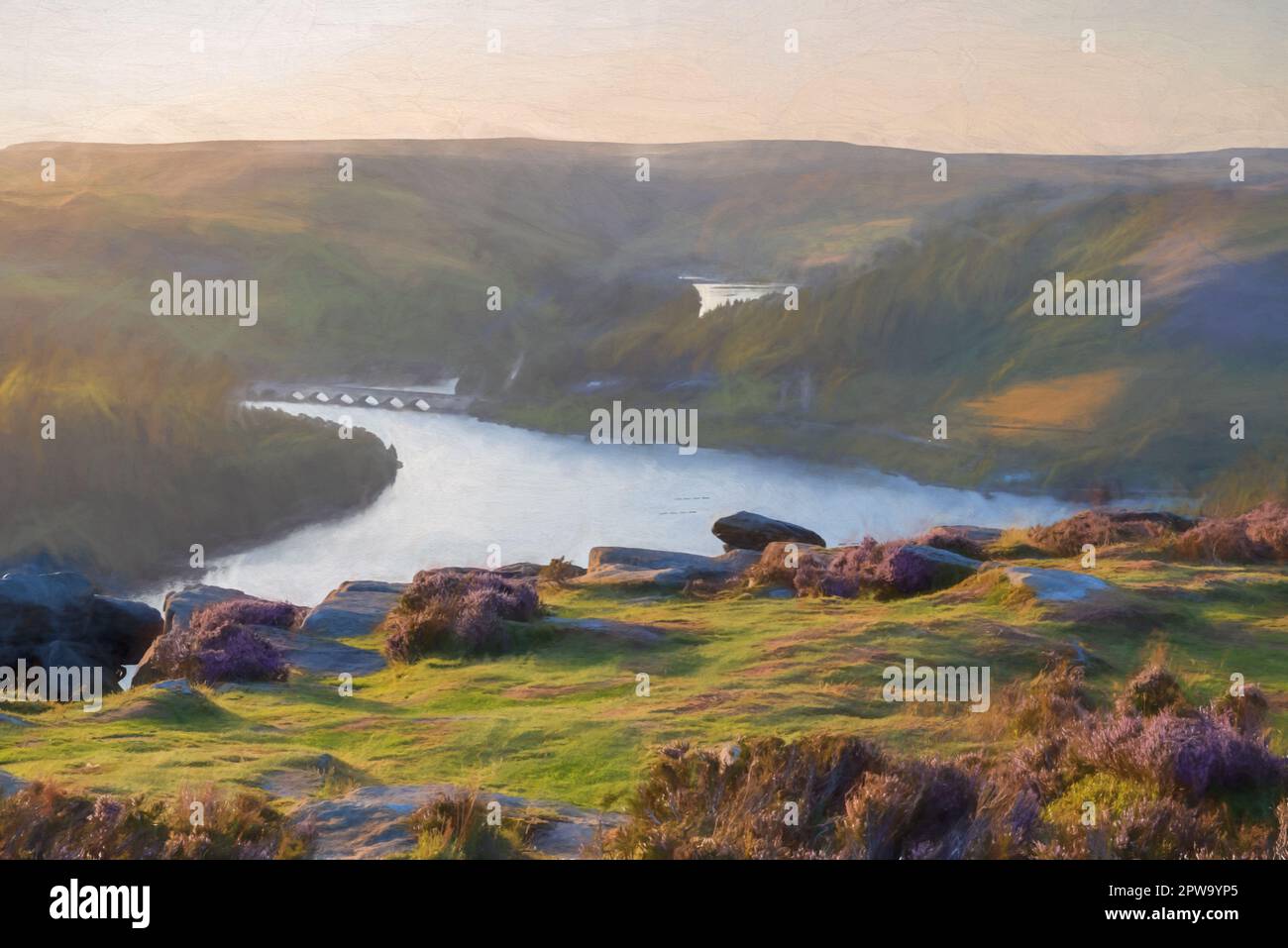 Digital painting of the Ashopton Viaduct, Ladybower Reservoir, and Crook Hill in the Derbyshire Peak District National Park, England, UK. Stock Photo