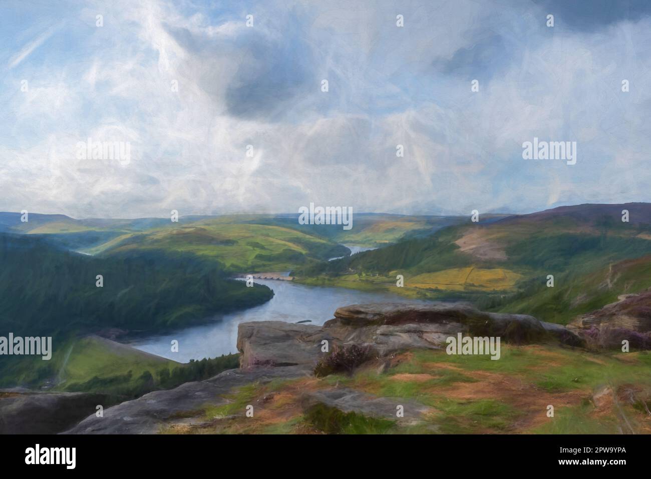 Digital painting of the Ashopton Viaduct, Ladybower Reservoir, and Crook Hill in the Derbyshire Peak District National Park, England, UK. Stock Photo