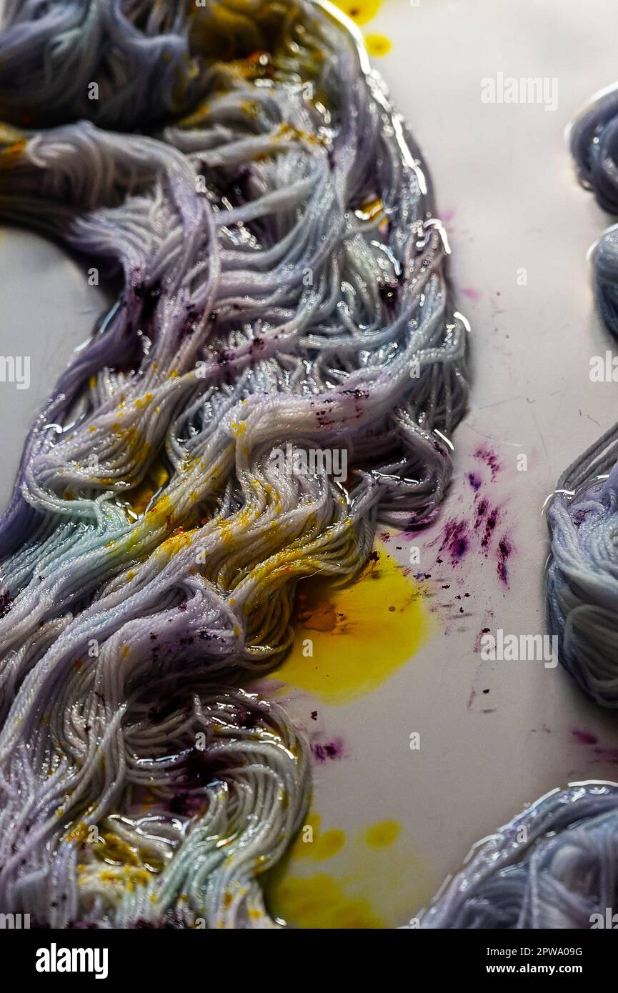 Yarn in a metal tray being stained with colorful dyes Stock Photo