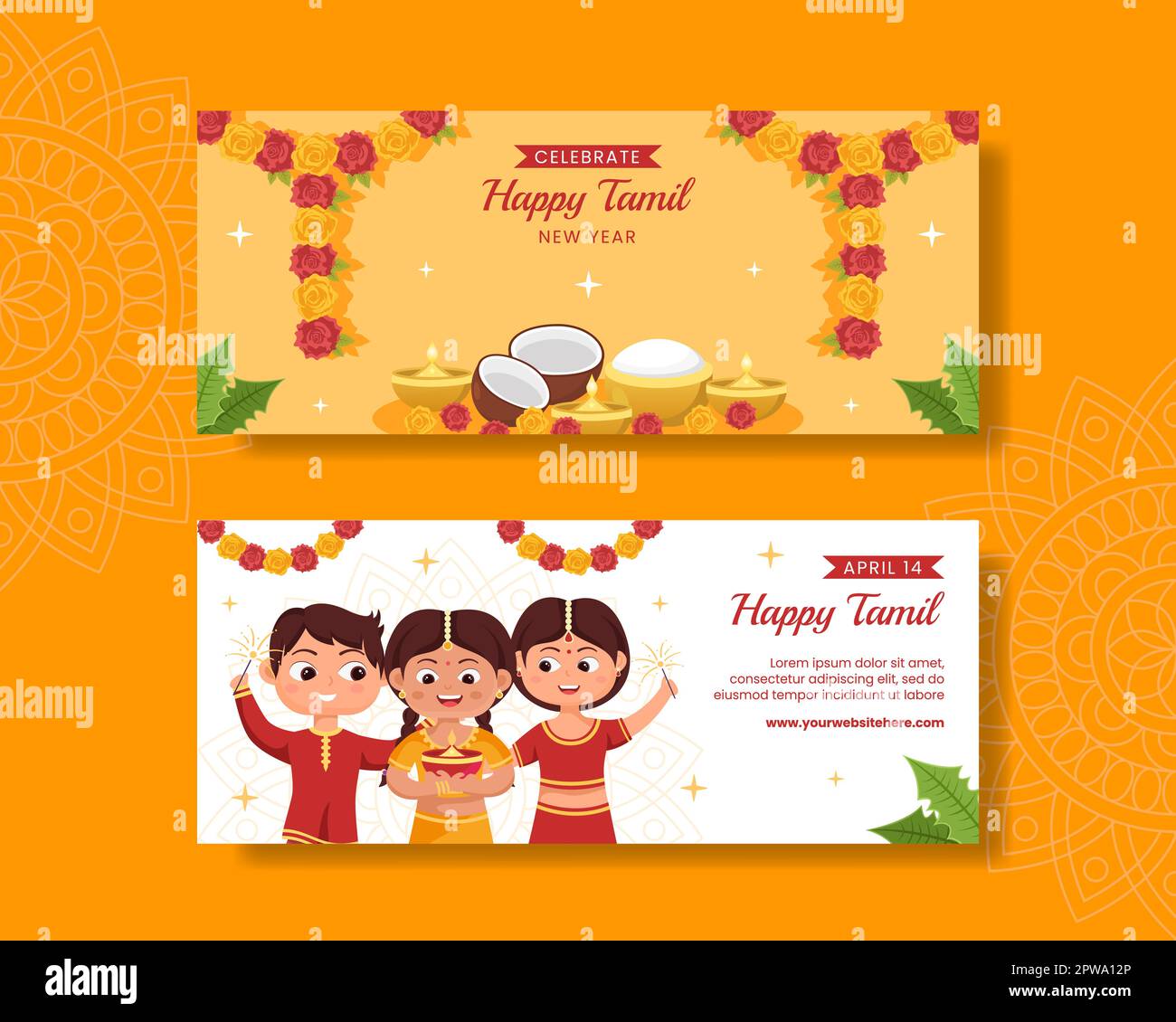 Happy Tamil New Year Horizontal Banner Flat Cartoon Hand Drawn