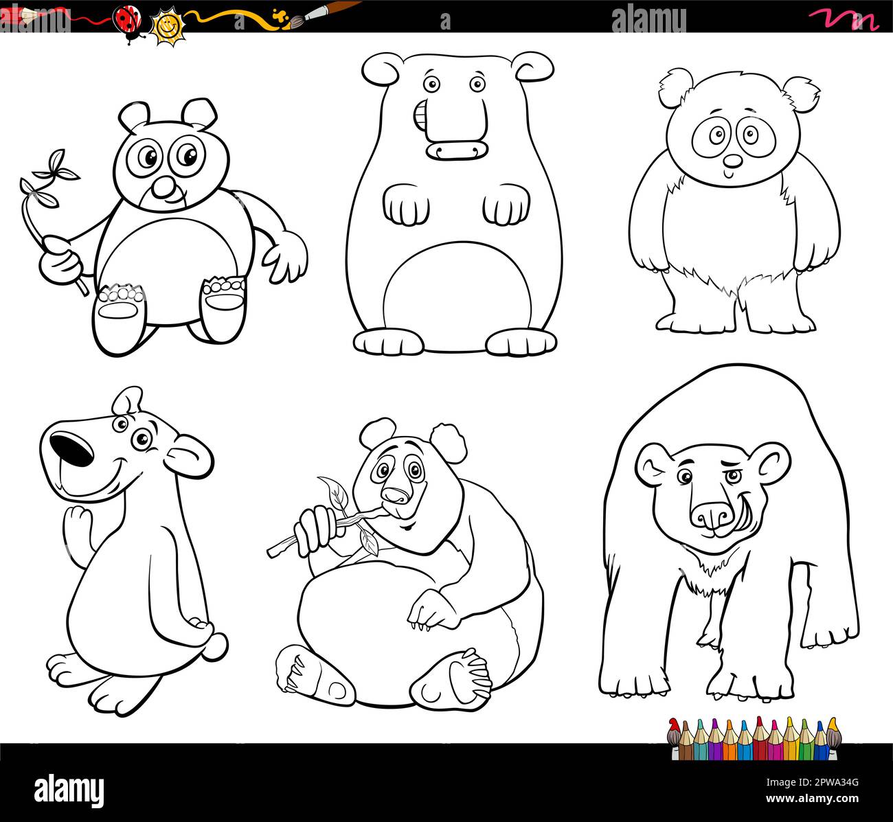 funny cartoon bears animal characters set coloring page Stock Vector
