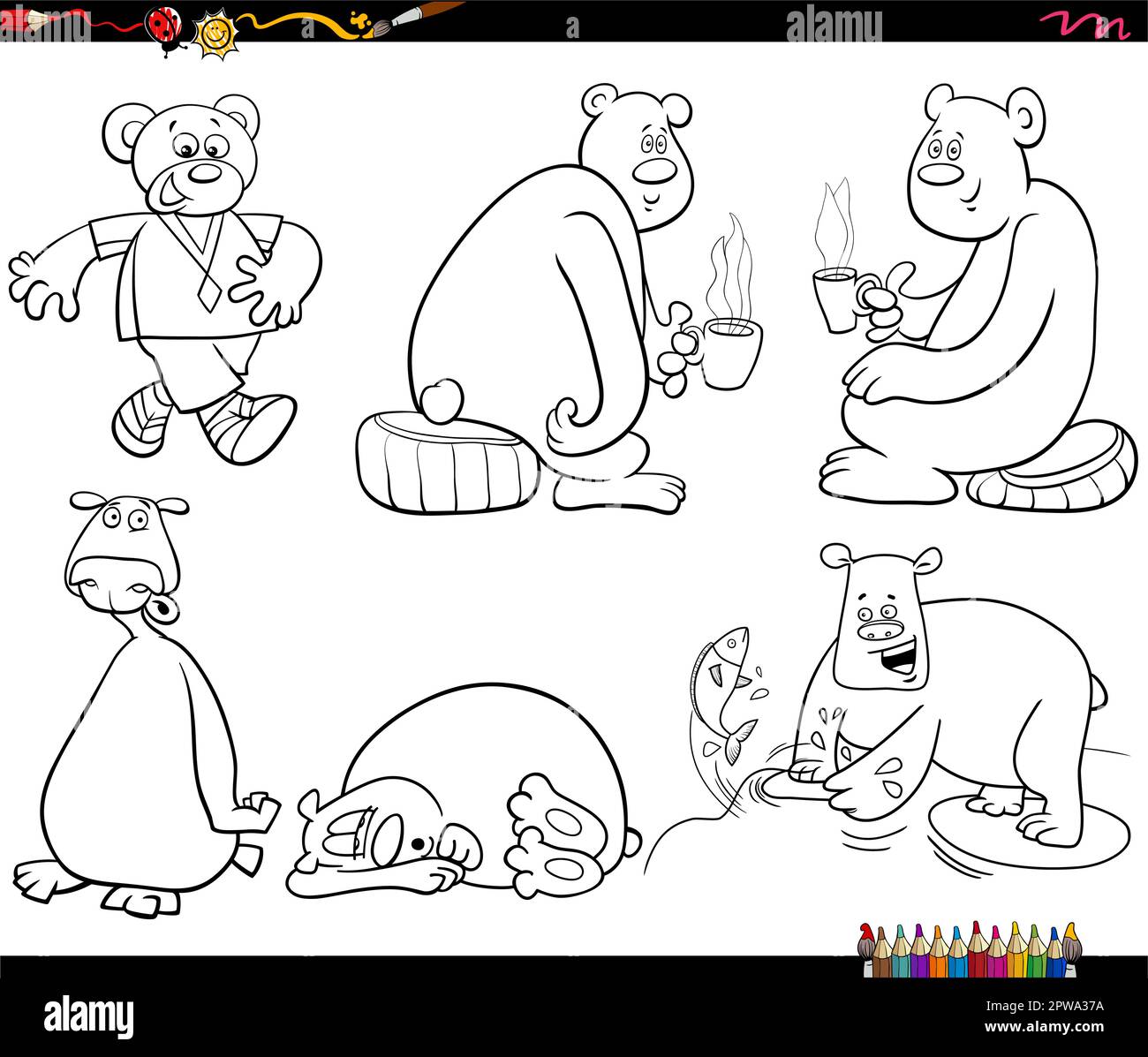 funny cartoon bears animal characters set coloring page Stock Vector