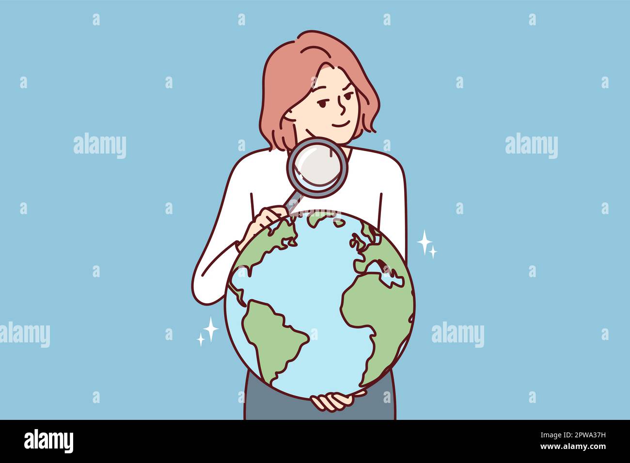 Woman with magnifying glass holds globe studying geography or choosing place for further travel Stock Vector