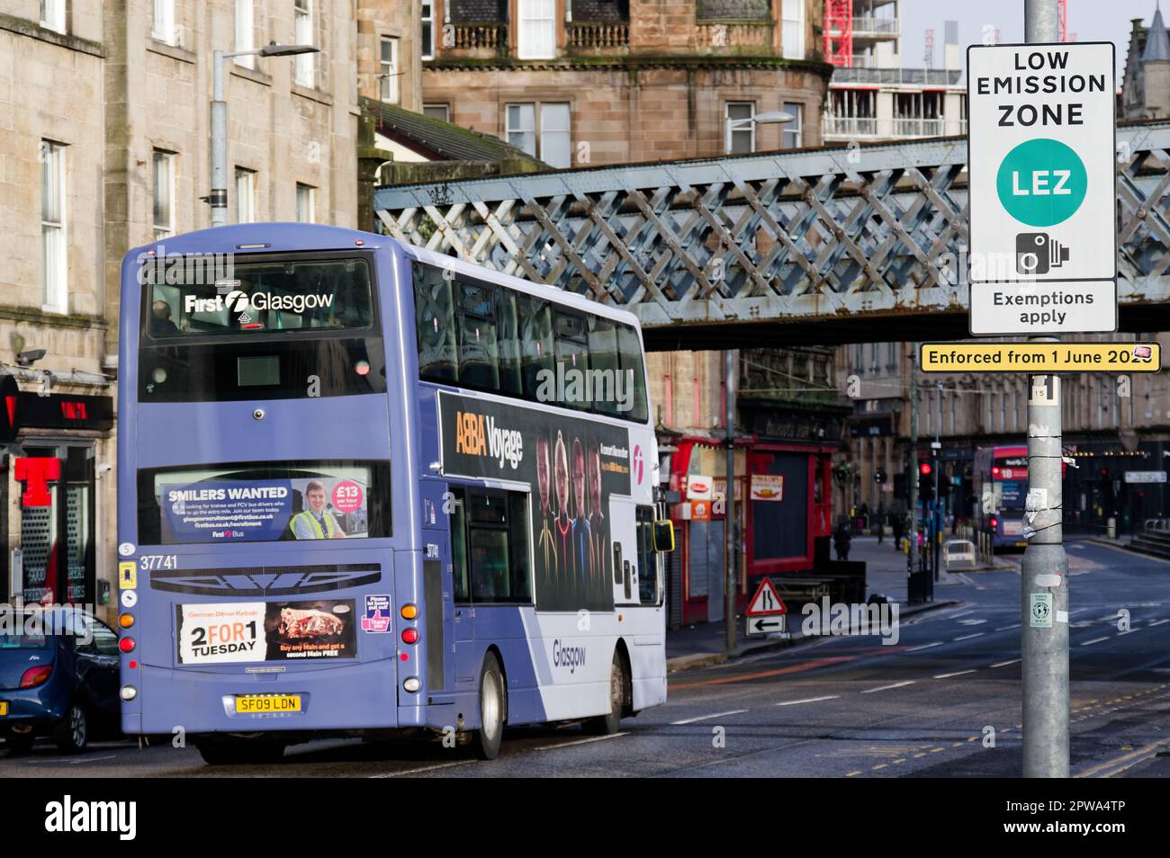 Low emission zone sign in city centre of Glasgow being enforced for all