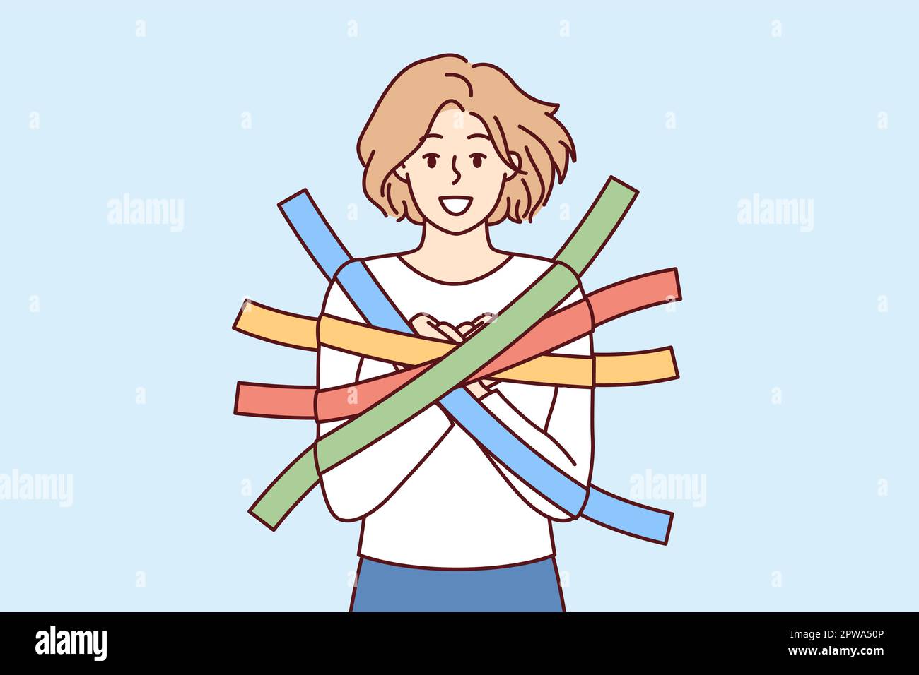 Positive girl smiles happily glued to wall with multicolored adhesive