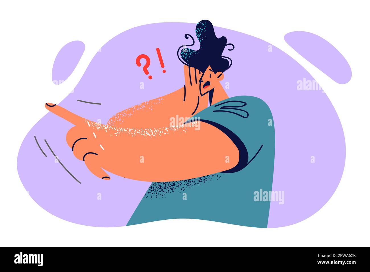 Stunned man pointing finger at strange object or dangerous person and putting hand to face in fear Stock Vector