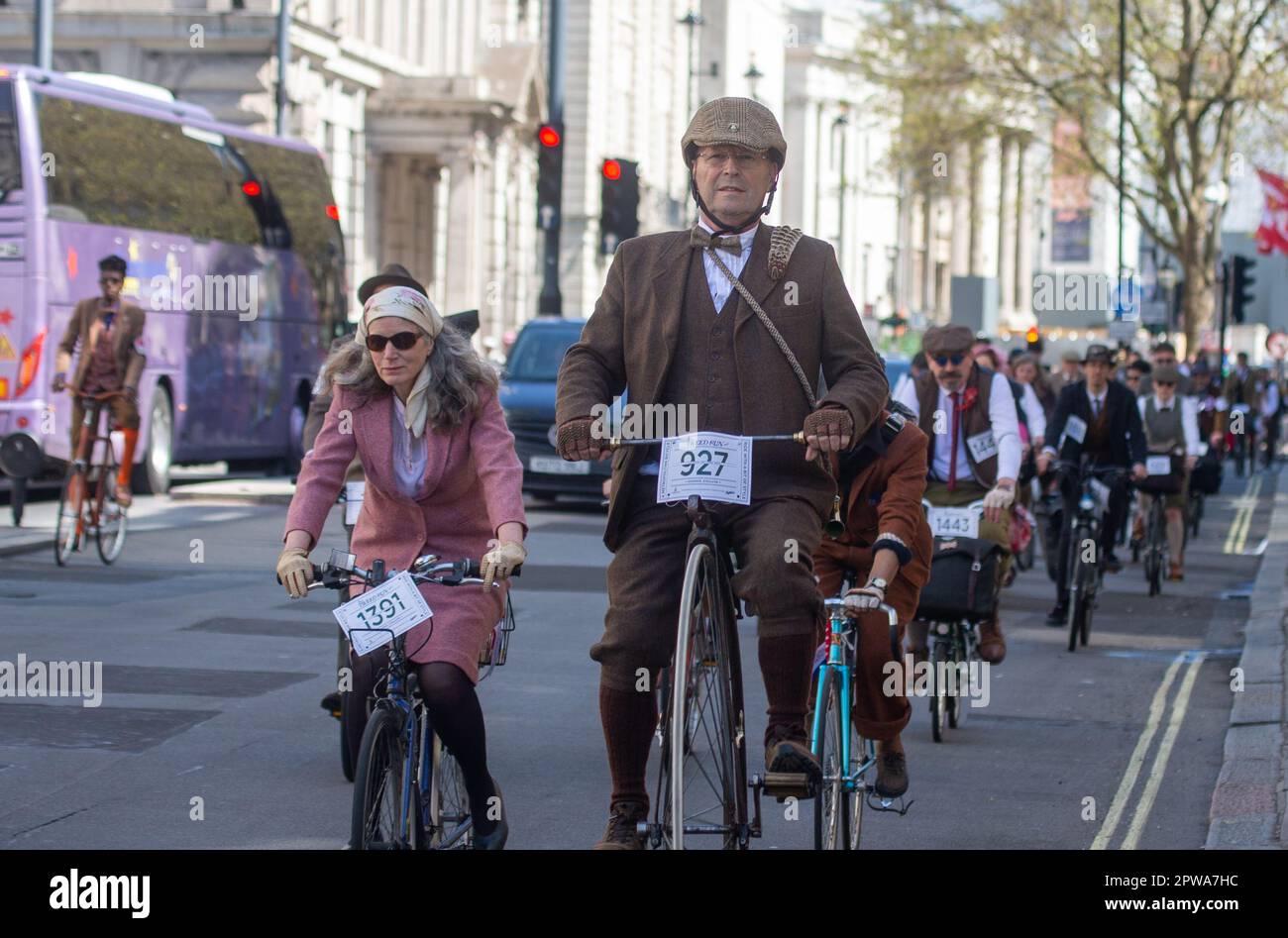 London, England, UK. 29th Apr, 2023. Riders are seen passing through Westminster during London Tweed Run 2023. (Credit Image: © Tayfun Salci/ZUMA Press Wire) EDITORIAL USAGE ONLY! Not for Commercial USAGE! Stock Photo