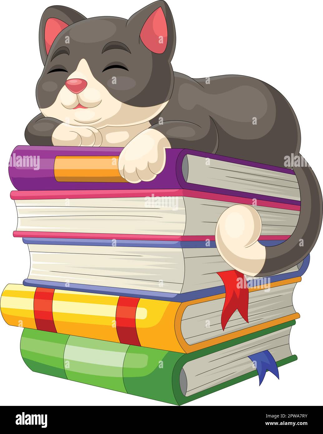 Cute cat cartoon sleeping on pile of books Stock Vector